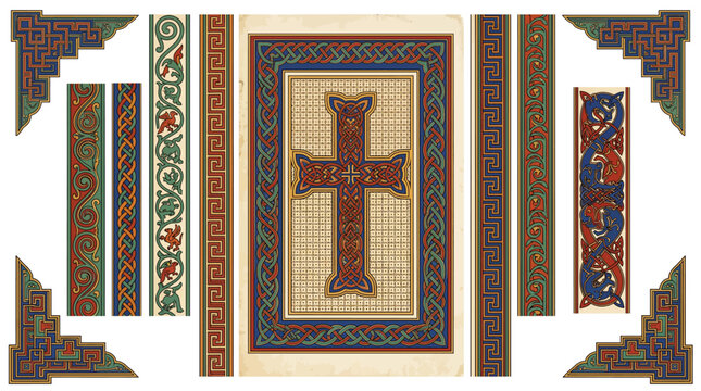 Early Christian Insular Carpet Page Illuminated Border Frame Vector Set with Interlace Fretwork Trumpet Spiral Zoomorphic Dot Ground and Dense Design