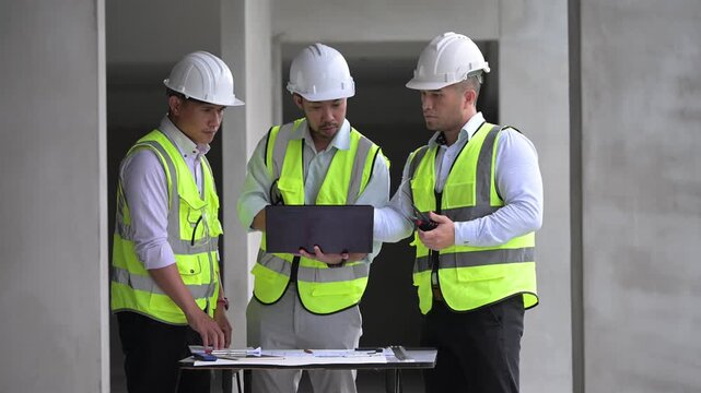Three professional Asian male engineers and architects collaborate on a construction site, reviewing building blueprints and discussing structural planning for an upcoming commercial real estate proje