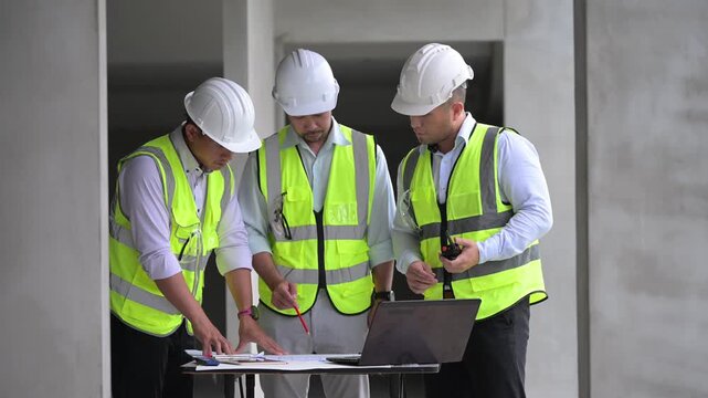 Three professional Asian male engineers and architects collaborate on a construction site, reviewing building blueprints and discussing structural planning for an upcoming commercial real estate proje