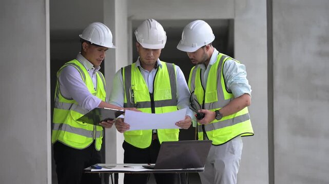 Three professional Asian male engineers and architects collaborate on a construction site, reviewing building blueprints and discussing structural planning for an upcoming commercial real estate proje