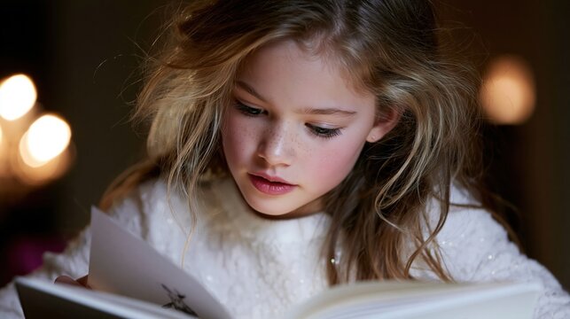Child's Fascination with a Book: A young girl with flowing blonde hair is captivated by a book, her face illuminated by a soft, warm light.