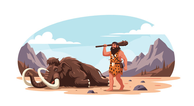 Primitive stone age caveman carrying a large wooden club standing next to a hunted woolly mammoth in a deep mountain valley.