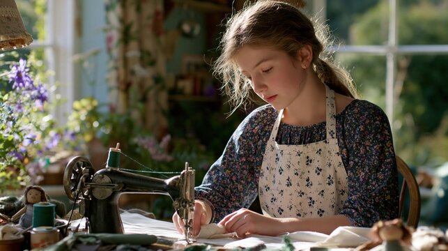 Young Girl Sewing: A young girl intently focuses on her sewing machine, crafting a handmade doll in a sunlit room filled with creative supplies and a sense of calm domesticity.