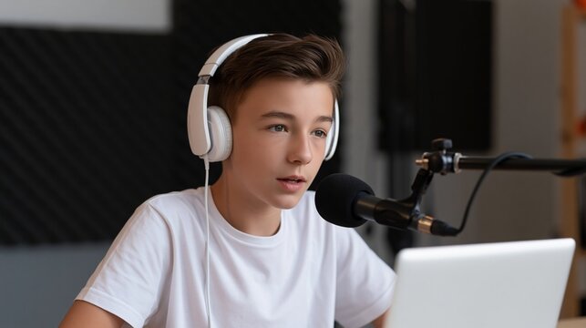 Young podcaster speaking into a microphone while wearing headphones and looking at a laptop, preparing to record an episode in a sound-treated room.