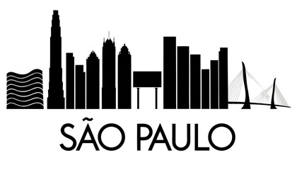 Fototapeta premium Vector illustration of Sao Paulo skyline in black silhouette, with “SAO PAULO” text, on white background, modern city identity and tourism design