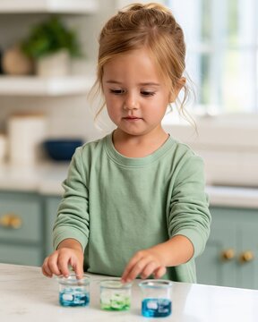 Curious Little Scientist: A young girl with blonde hair tied up in a bun, wearing a green long-sleeved shirt, intently observes three small beakers containing colorful liquids on a white countertop.
