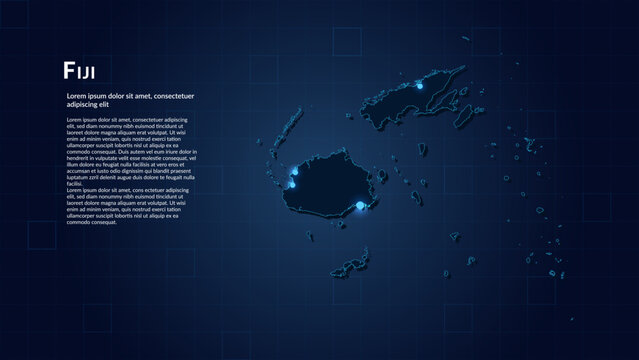 Map of Fiji. Neon lights on dark background highlighting the major cities.