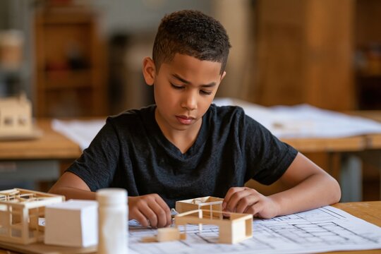 Young Architect at Work: A focused young boy, with intent gaze, meticulously constructs a miniature wooden building model on a blueprint, showcasing early architectural talent.