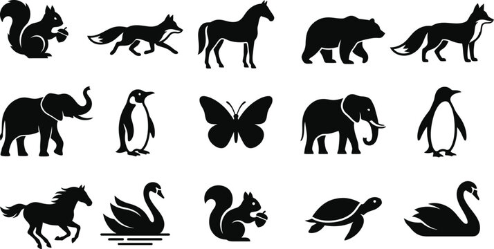 Animal Silhouettes Collection Black Shapes On White Background