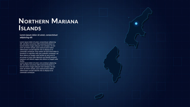 Map of Northern Mariana Islands. Neon lights on dark background highlighting the major cities.