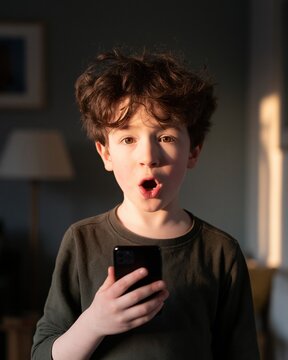 Surprised Boy with Phone: A young boy's face is lit with astonishment as he gazes at a smartphone in his hand, his mouth agape in a moment of unexpected discovery.
