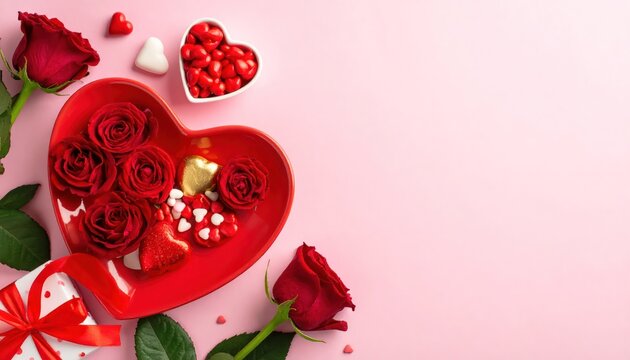 Valentines Day Roses and Chocolates in Heart Box.