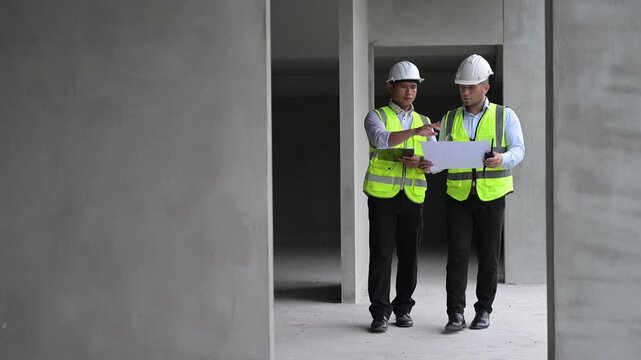 Three professional Asian male engineers and architects collaborate on a construction site, reviewing building blueprints and discussing structural planning for an upcoming commercial real estate proje