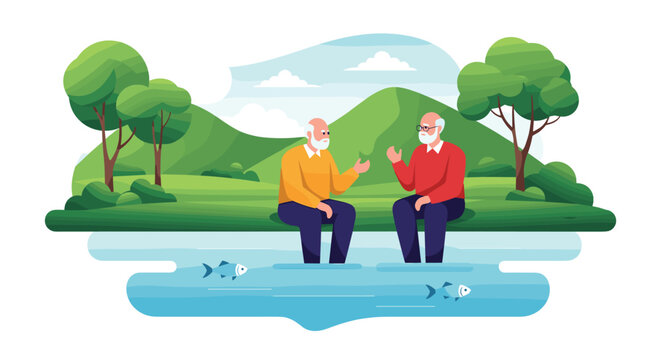 Two senior men sitting by a peaceful lake with mountains and trees in the background talking and relaxing.