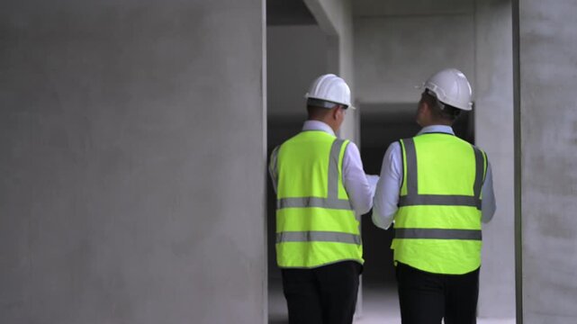Three professional Asian male engineers and architects collaborate on a construction site, reviewing building blueprints and discussing structural planning for an upcoming commercial real estate proje