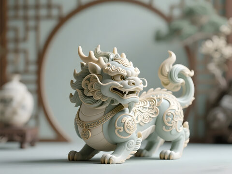 Chinese guardian lion statue with intricate cloud patterns and gold accents on light background