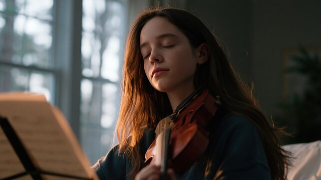 Young girl playing violin: A young girl with her eyes closed, deeply engrossed in playing the violin, bathed in soft, ambient light. A music stand with sheet music is visible.
