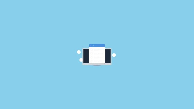 Minimalist business animation loop featuring a computer monitor filling out an online survey checklist form with green checkmarks on a blue backdrop. Ideal for project management slides