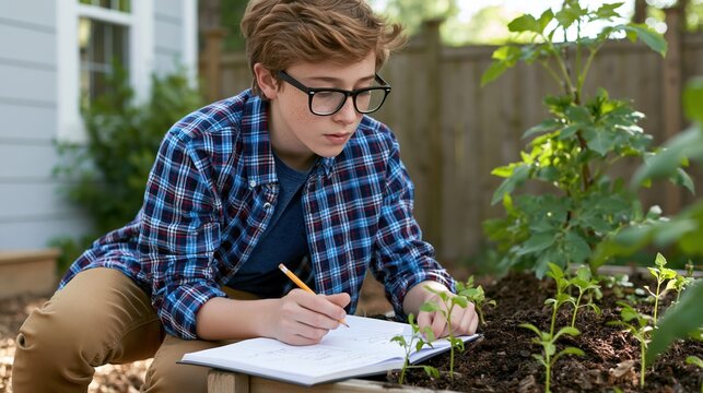 Young botanist examining plants: A young boy with glasses intently examines a small plant, taking notes on a clipboard, in a garden setting.