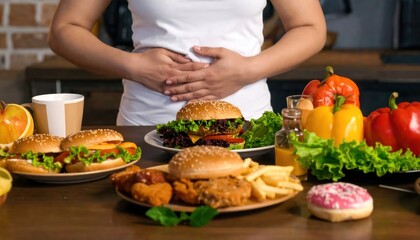 Naklejka premium Woman Holding Stomach with Junk Food.