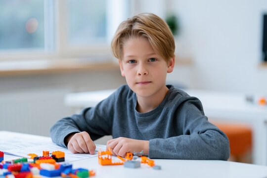 Boy Building Blocks: A young boy with blond hair sits at a table, engrossed in building a creation with colorful toy blocks, showcasing childhood creativity and focus.