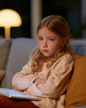 Displeased Child with Tablet: A young girl with blonde hair sits on a couch, arms crossed, with a grumpy expression while looking at a tablet.
