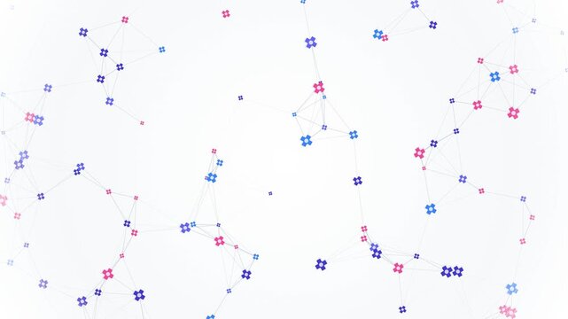 Abstract healthcare background loop featuring a waving digital plexus network of pink and blue molecule structures on a clean white backdrop. Perfect for scientific presentation slides