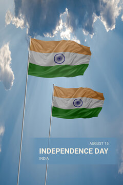 Two flags of India in blue sky with clouds for National holiday