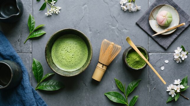 Japanese Matcha Tea Ceremony Set with Whisk Bowl Powder and Sweet Wagashi Dessert