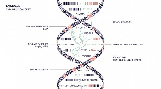 Data Helix Concept, a top-down illustration of a DNA-like structure with binary data paths and genomic barcodes, symbolizing freedom through precision and continuous data sharing