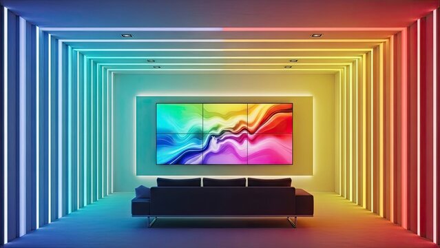 Modern living room interior with colorful led light design and a sofa