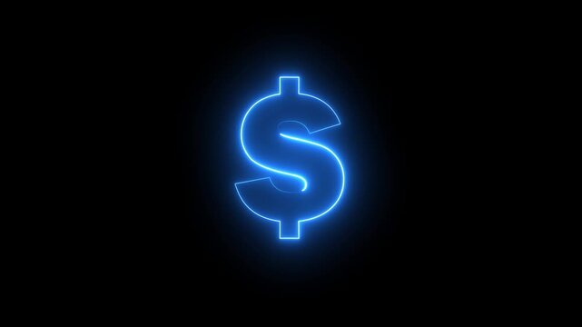 Neon dollar sign icon animation glowing blue color us currency finance money bank on black background	