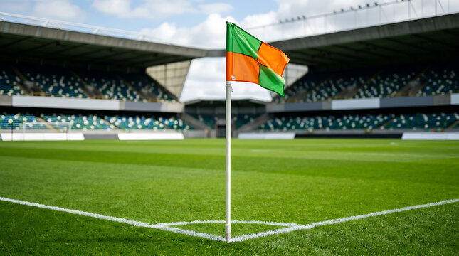 Green and orange corner flag on a soccer field in a large empty stadium