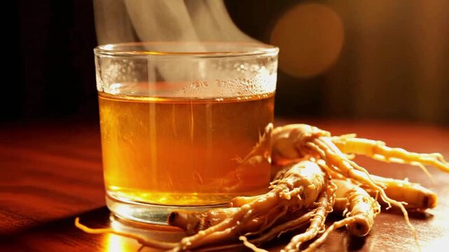 A steaming cup of ginseng tea next to fresh ginseng roots on a wooden table, capturing the essence of natural health and wellness
