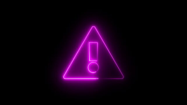 Neon warning attention sign icon animation glowing pink color danger error alert risk stop sign emergency sign icon sign symbol on black background