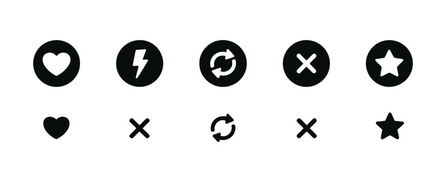 Dating App vector icon set, Flat silhouette symbols Including Heart, Star, Cross and Refresh icons for Social Media and Matchmaking UI design.