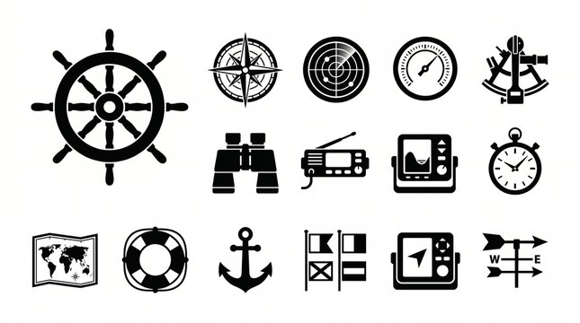 Nautical navigation and safety equipment icons set including ship wheel compass radar barometer sextant binoculars radio fishfinder stopwatch map anchor lifebuoy flags and wind rose
