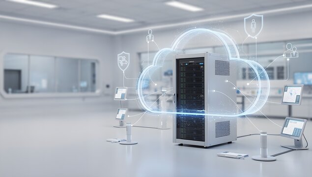 Futuristic laboratory with a central server rack protected by a glowing digital cloud computing network and security icons.
