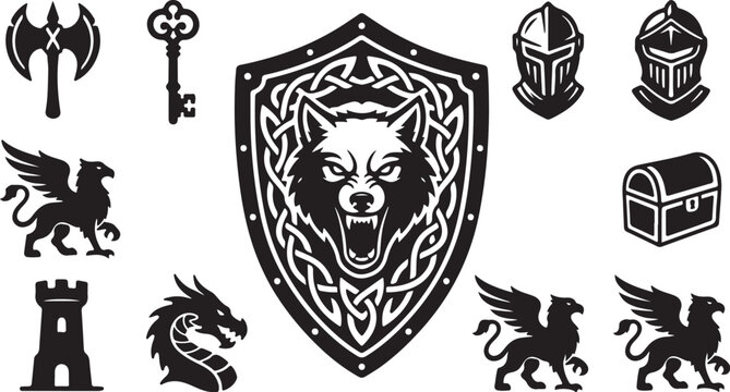 Medieval shield with wolf and mythical creatures icons