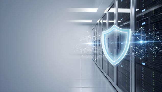 Glowing blue digital shield with network connections protecting server racks in a clean modern data center.