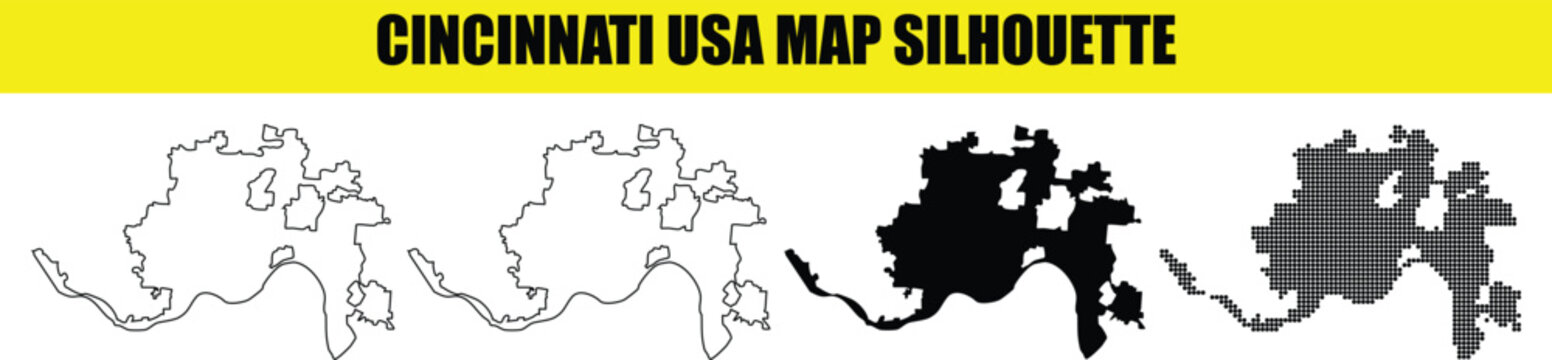 Cincinnati usa map silhouette white outline black filled dot pattern vector graphic.