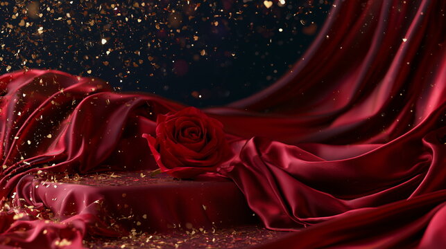 Romantic red rose lying across silky red fabric with soft highlights and glittering accents. Love inspired floral concept for special occasions and heartfelt moments.