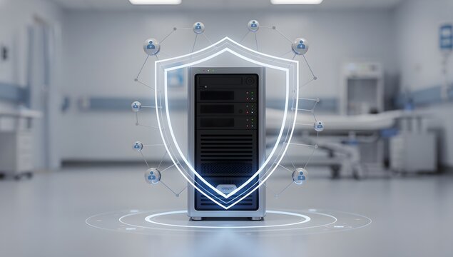 Single computer server tower protected by a glowing digital shield and network nodes in a modern hospital room.