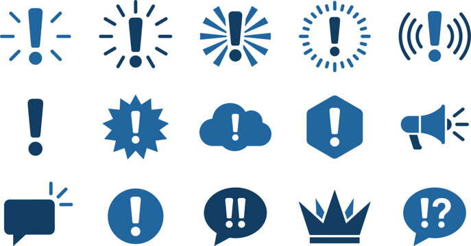 Alert and exclamation mark vector icon set featuring notification symbols warning signals speech bubbles megaphone and priority hazard indicators in flat blue glyph style