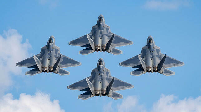 Four military stealth fighter jets flying in symmetric formation against a blue sky