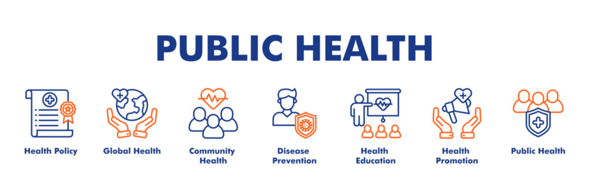 PUBLIC HEALTH web banner icon vector illustration concept with icon of Health Policy, Global Health, Community Health, Disease Prevention, Health Education, Health Promotion, Public Health