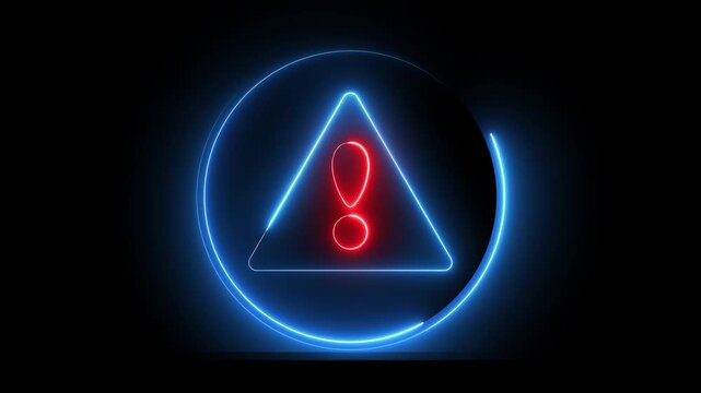 Neon warning attention sign icon animation glowing red and blue color danger error alert risk stop sign emergency sign icon sign symbol on black background