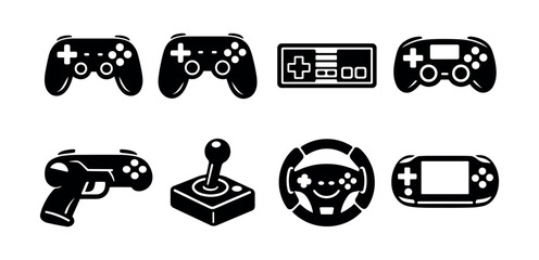 Collection of diverse video game controllers and input devices in black silhouette © Compositor 