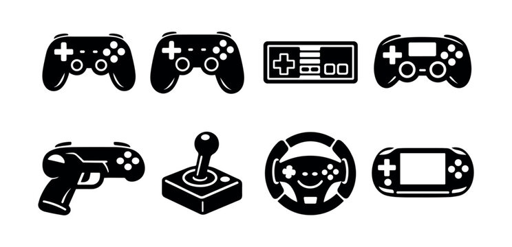 Collection of diverse video game controllers and input devices in black silhouette