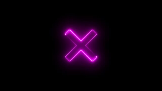 Neon Cross sign icon animation glowing pink color no reject error wrong cancel incorrect negative warning alert icon sign symbol on black background	
